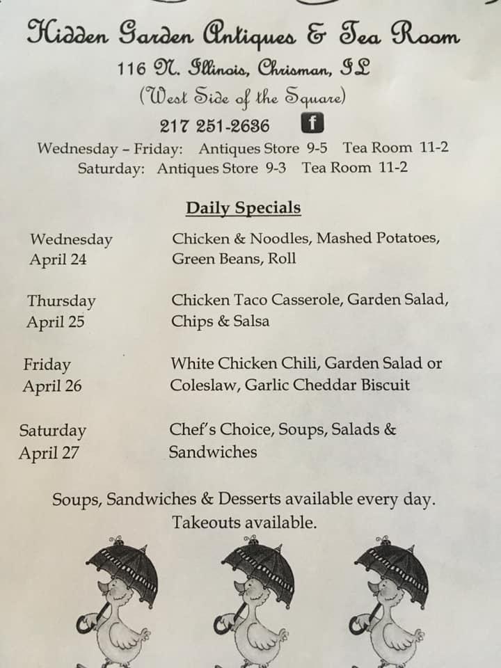 Menu at Hidden Garden Antiques & Tea Room restaurant, Chrisman