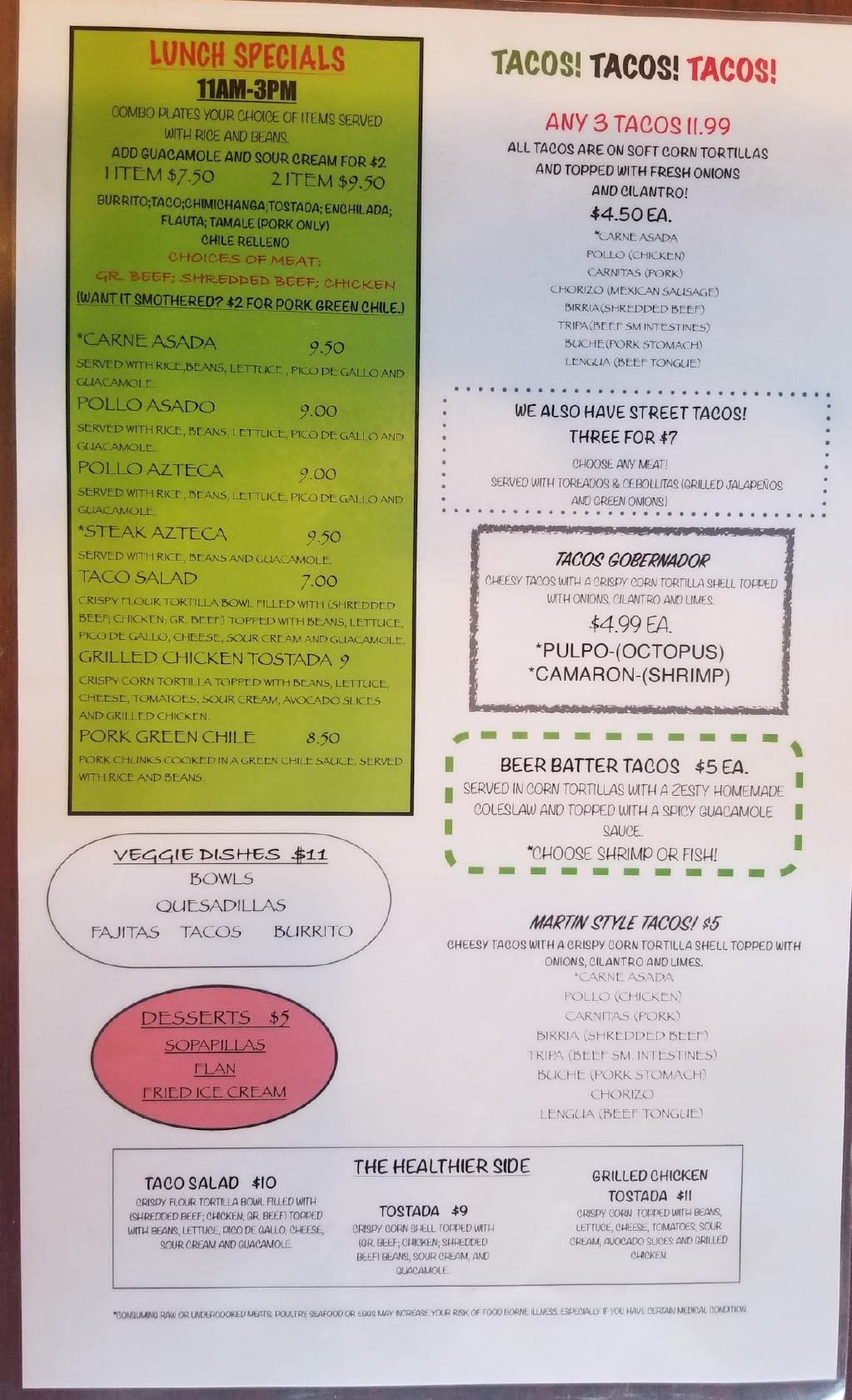 Menu at Tacos & Beer Montrose restaurant, Montrose