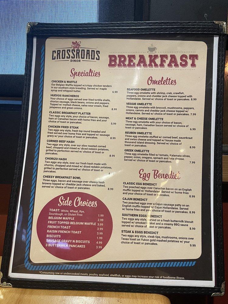 Menu at The Crossroads Dinor restaurant, Edinboro