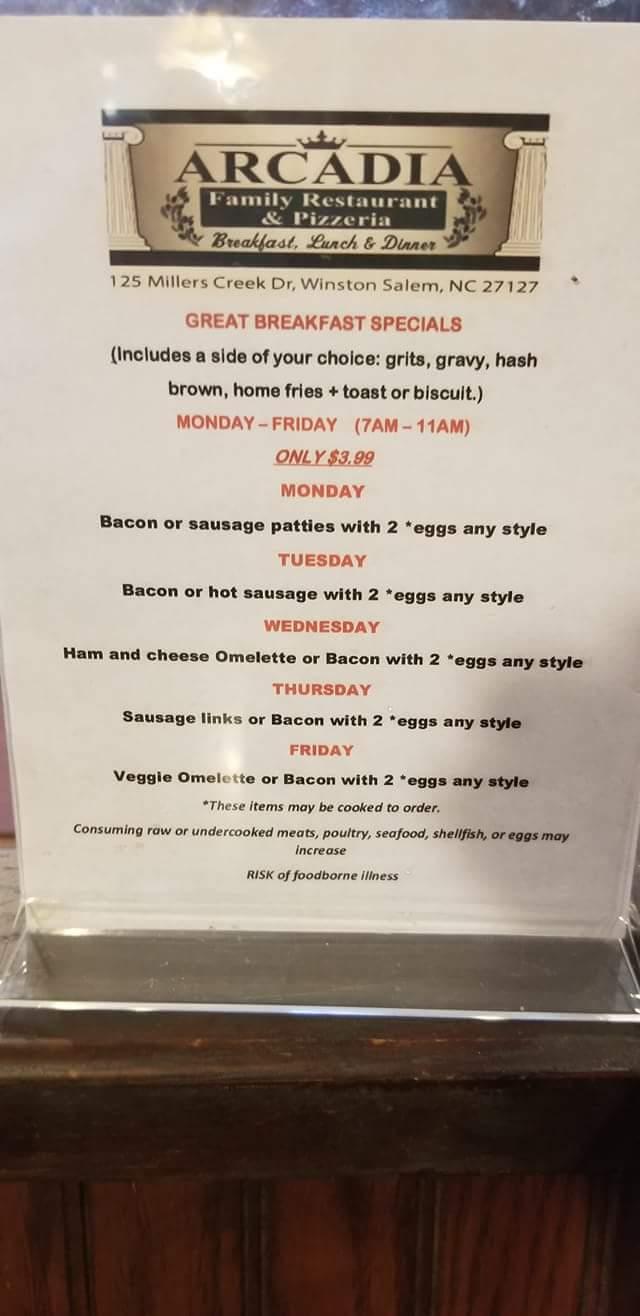Menu at Arcadia Family Restaurant & Pizzeria, WinstonSalem, 125