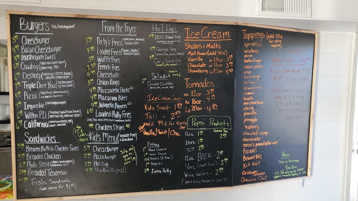 Menu at Arty's Ice Cream & Grill restaurant, Wilton