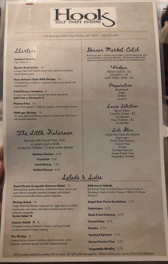 Menu at Hook Gulf Coast Cuisine restaurant, Pass Christian
