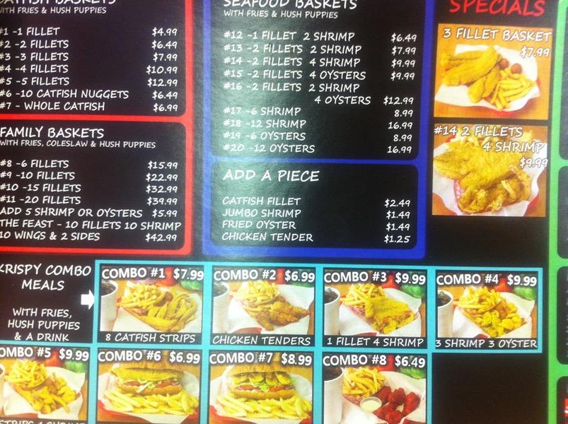 Menu at Krispy Catfish fast food, Fort Worth