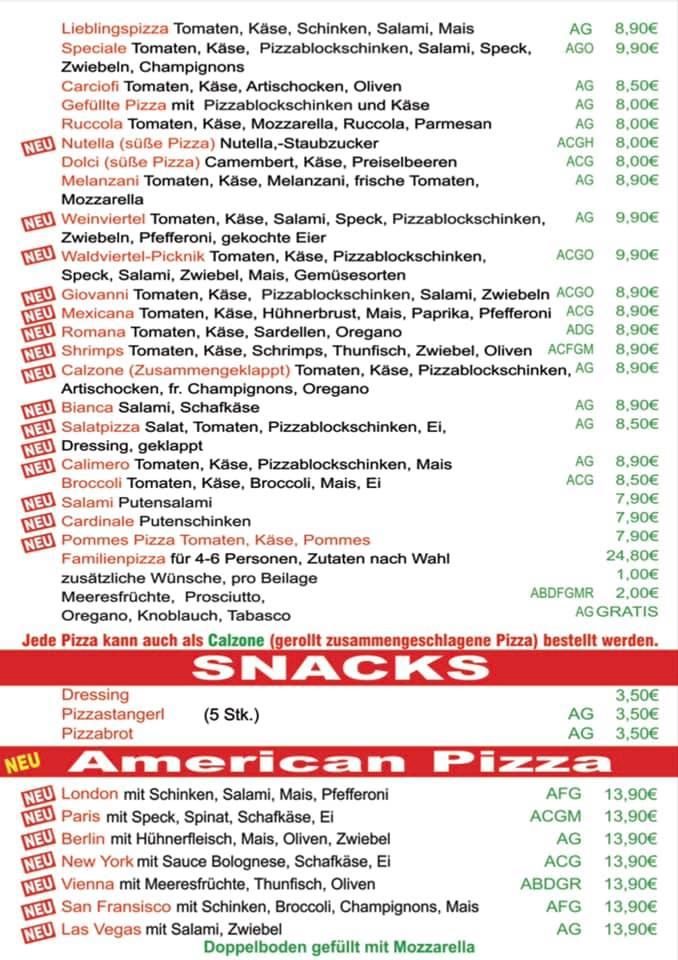 Speisekarte von Pizza Al Forno, Gemeinde Hollabrunn