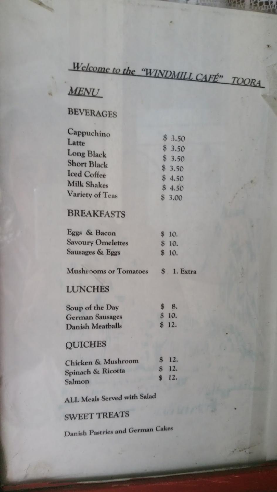 Menu at Windmill Cafe, Toora
