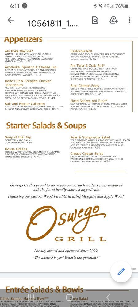 Menu at Oswego Grill- Beaverton pub & bar, Beaverton