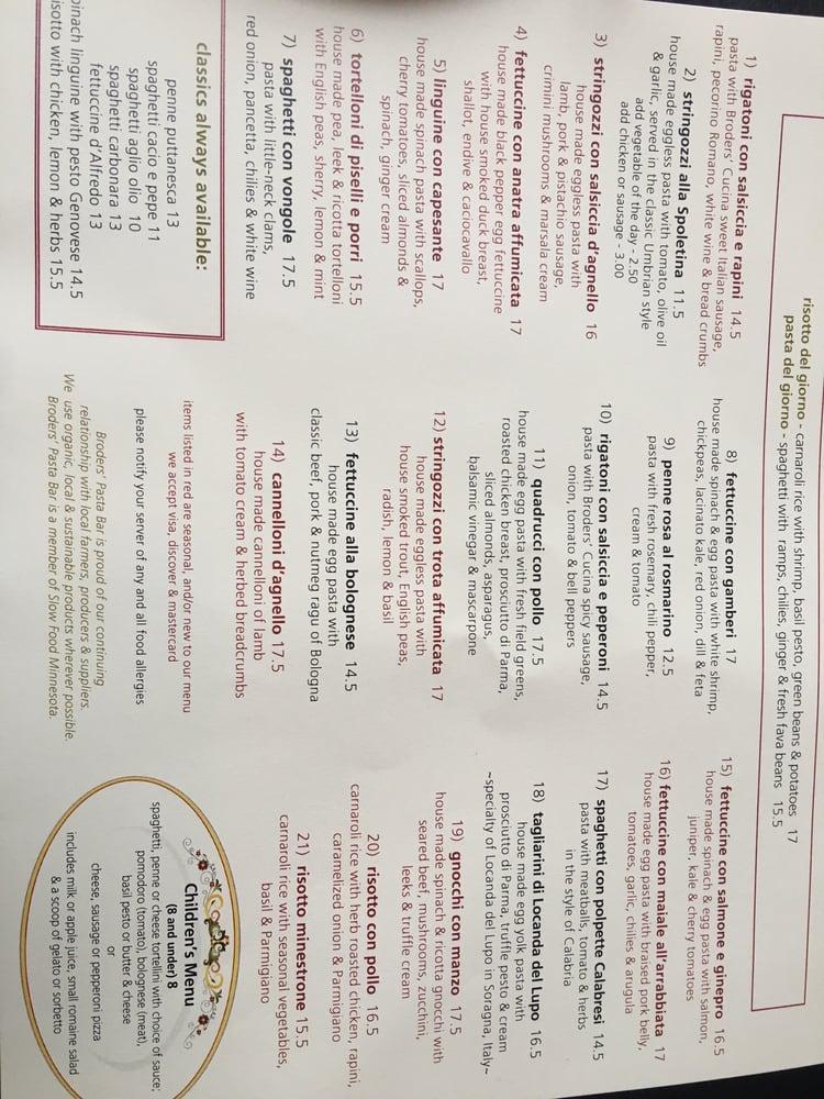 Menu at Broders' Pasta Bar, Minneapolis