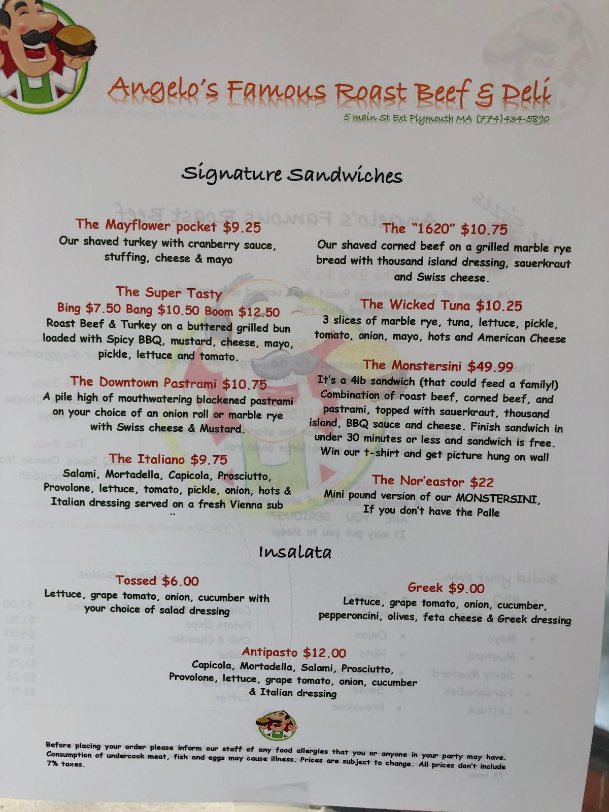 Menu at Angelo's Famous Roast Beef fast food, Plymouth, 5 Main St