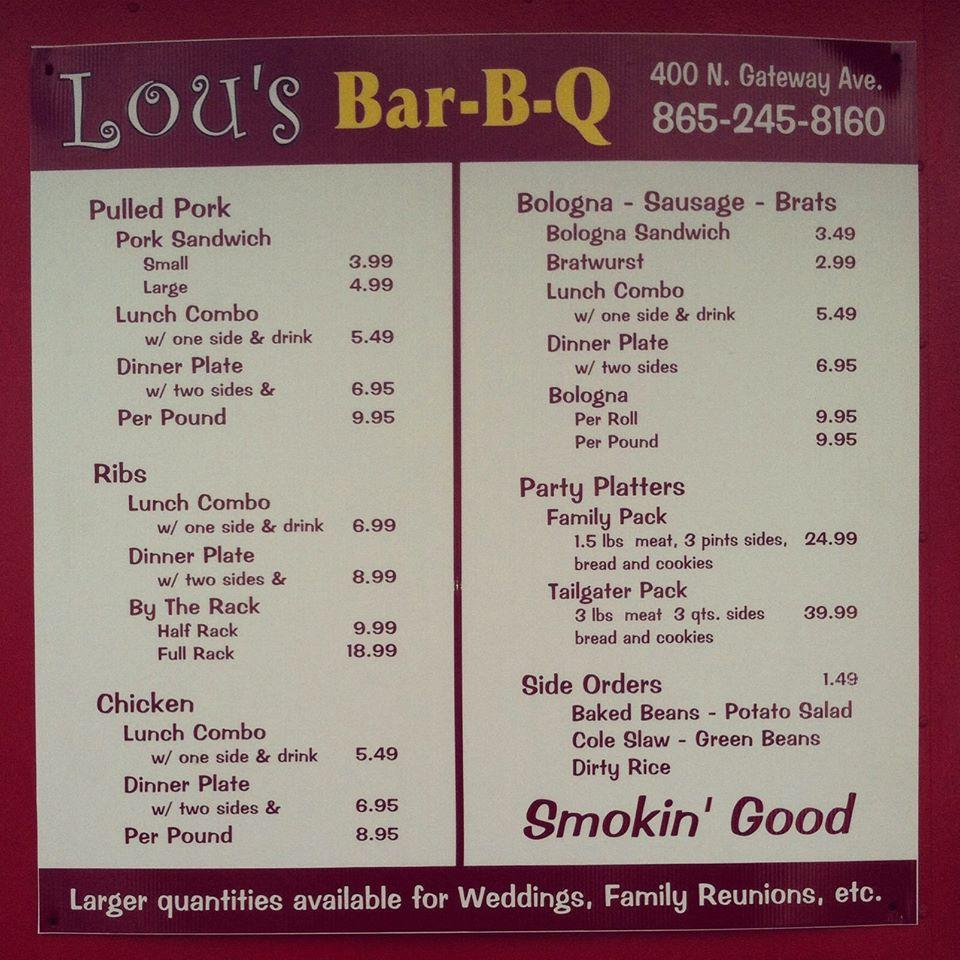Menu at Lou's Bar B Q, Rockwood