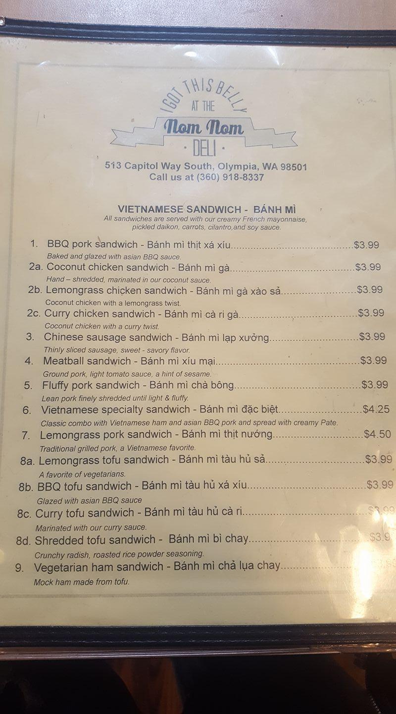 Menu at Nom Nom Deli restaurant, Olympia