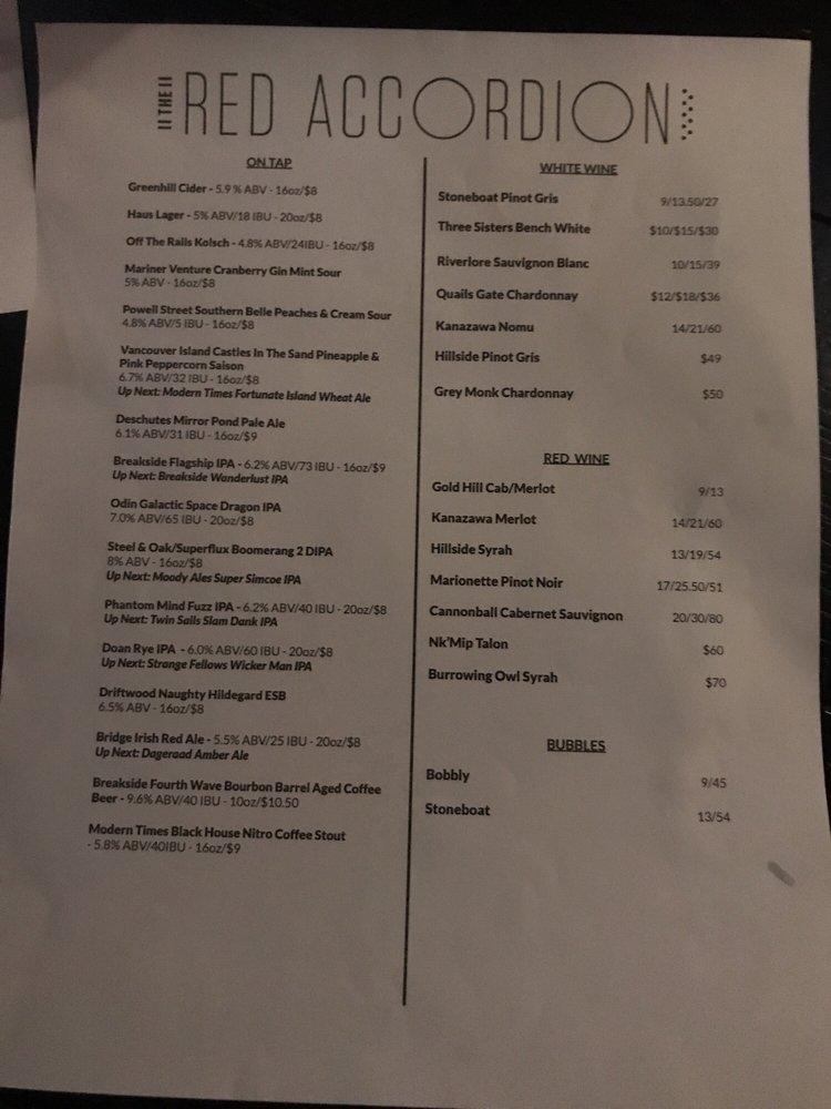 Menu at The Red Accordion pub & bar, Vancouver