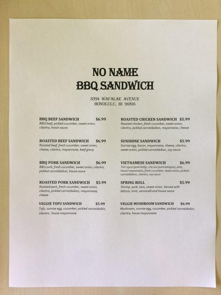 Menu at No Name BBQ Sandwich, Honolulu