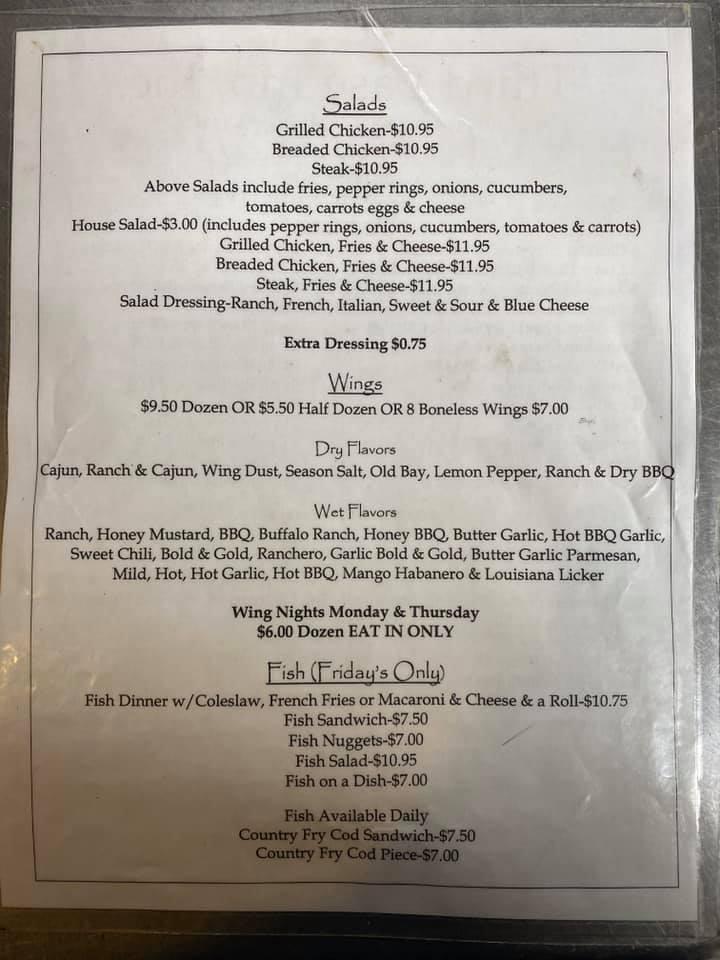 Menu at Third Base Inn pub & bar, Beaver Falls