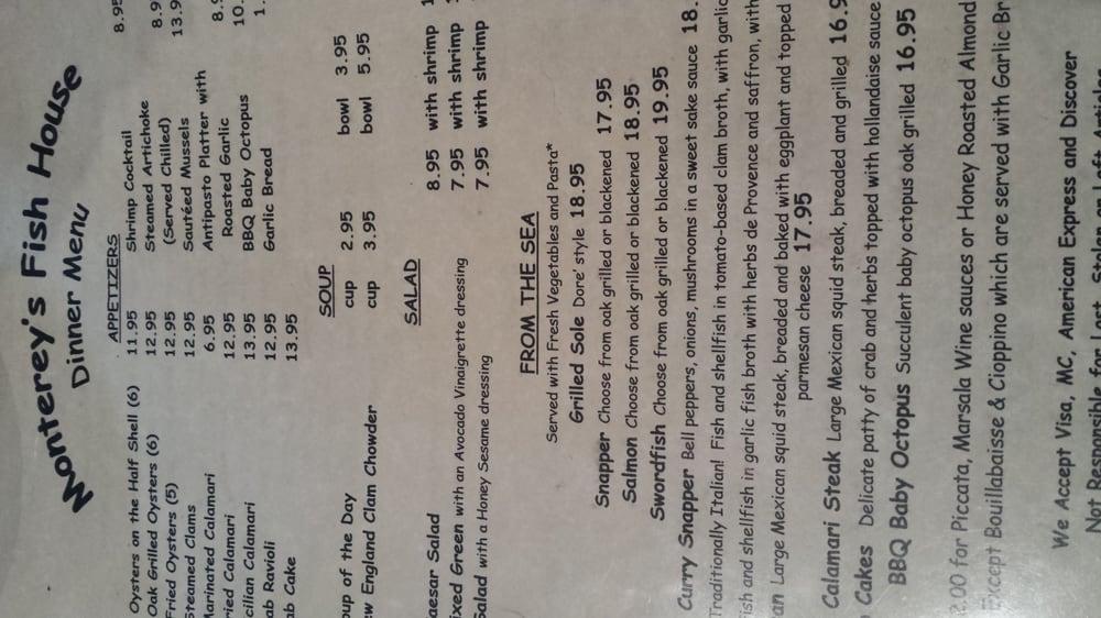 Menu at Monterey's Fish House restaurant, Monterey