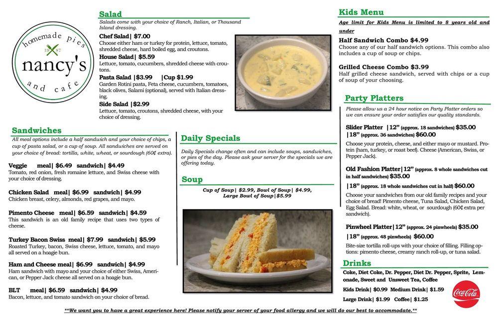 Menu at Nancy's Cafe, Park Hill