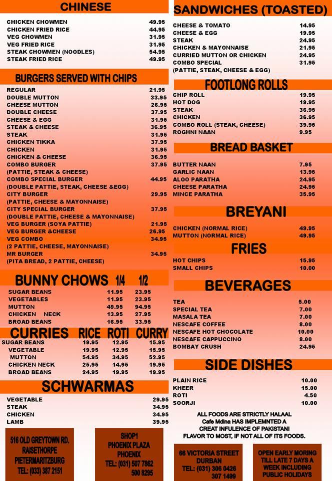 Carta de Cafe Medina, Durban, Shop No. 4