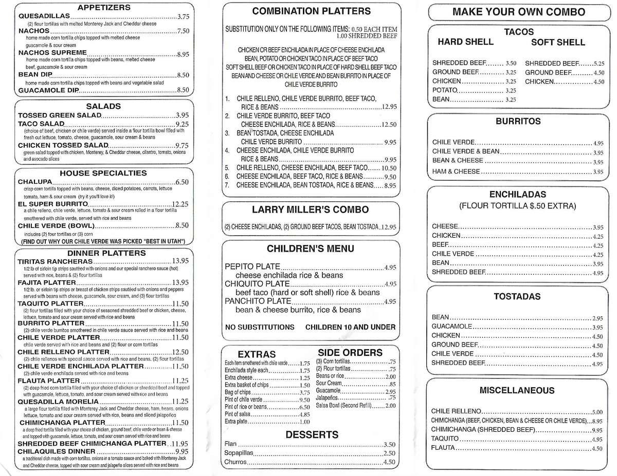 Menu at Restaurant Morelia, Salt Lake City