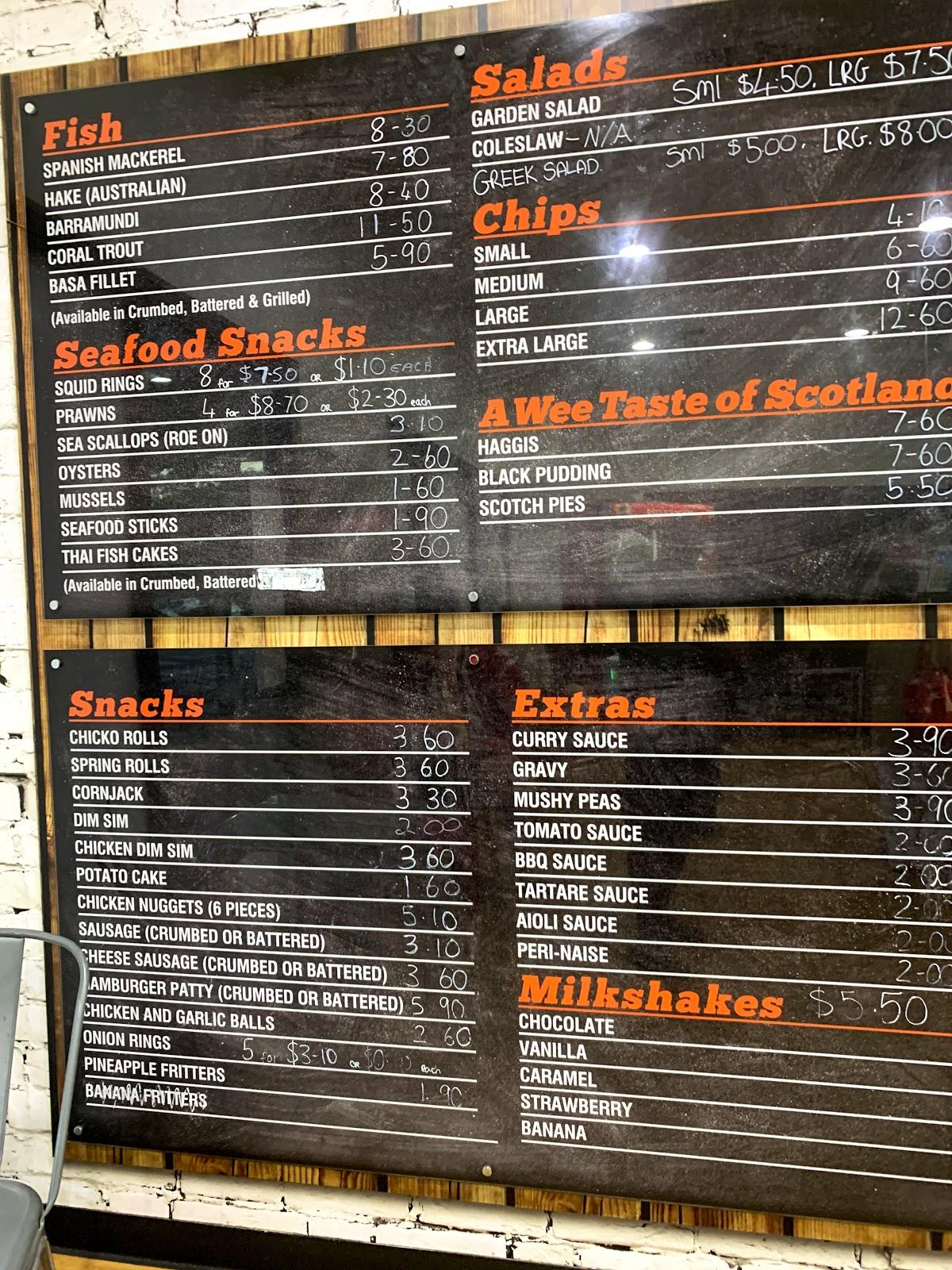 Menu at Scotsman's Fish + Chips + Burgers fast food, Redlynch