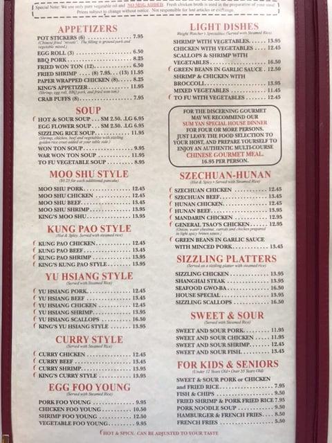 Menu at Sum Yan restaurant, Lebanon