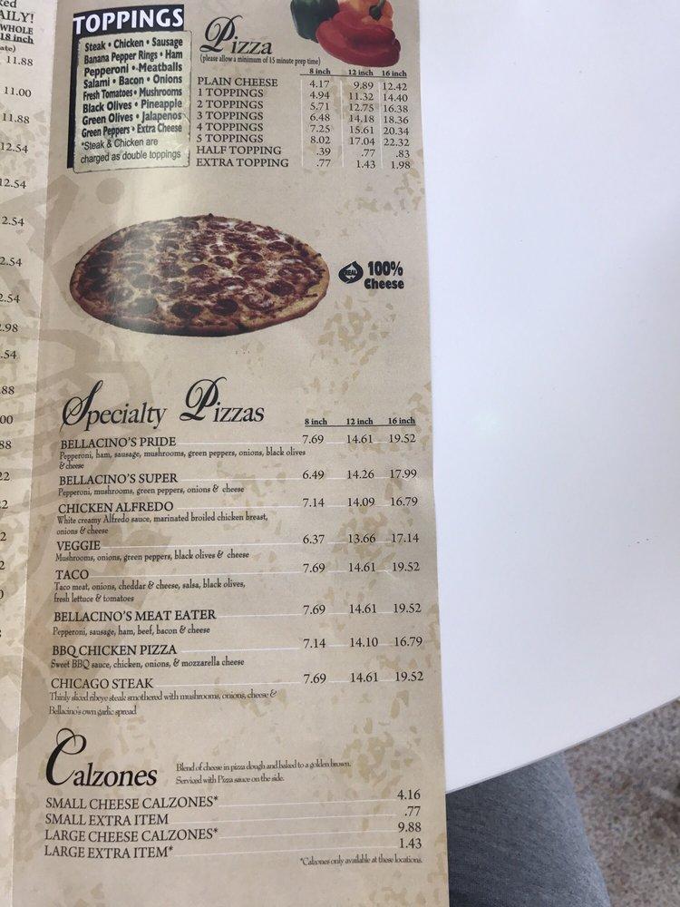 Menu at Bellacino's Pizza & Grinders pizzeria, Claypool Hill
