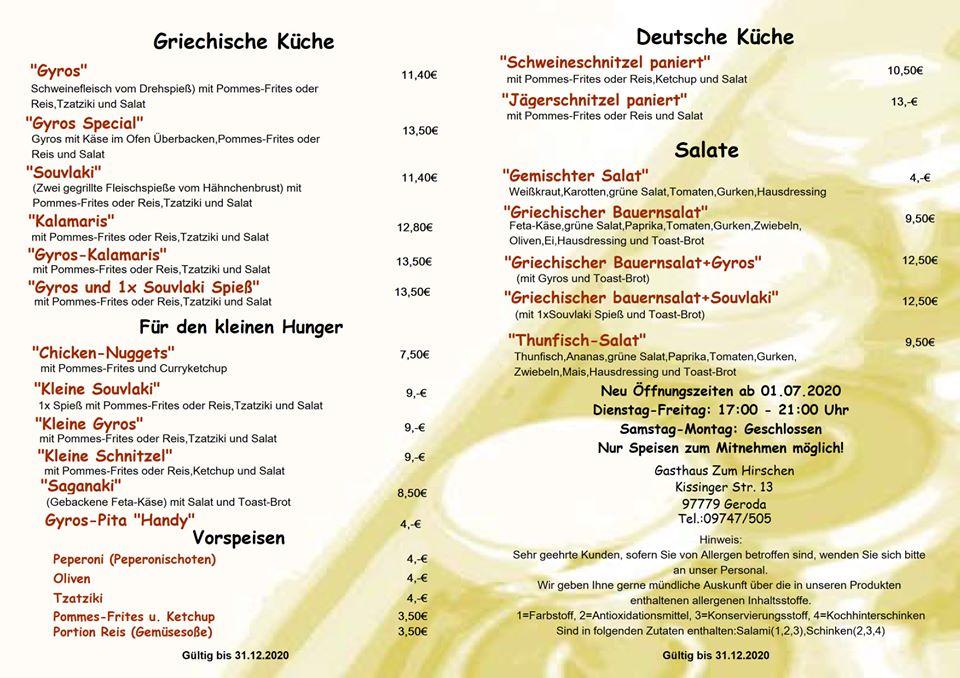 Speisekarte Von Gasthaus Zum Hirschen Restaurant Geroda