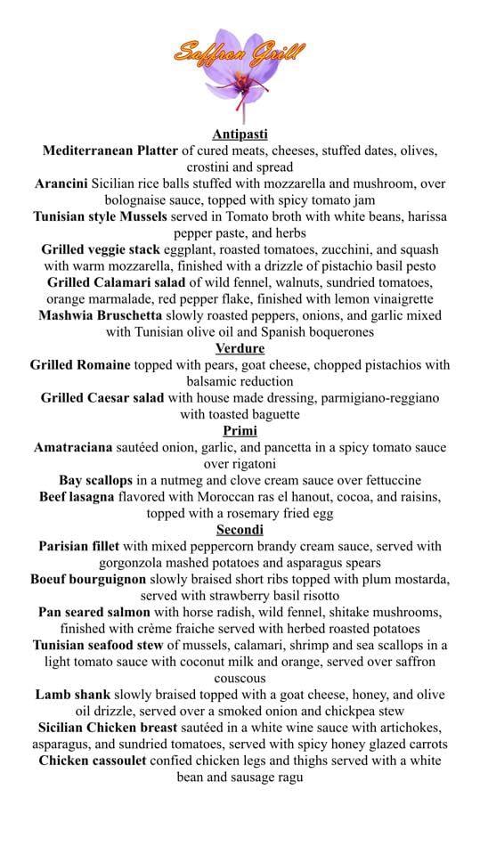 Menu at Saffron Restaurant, Lewisburg