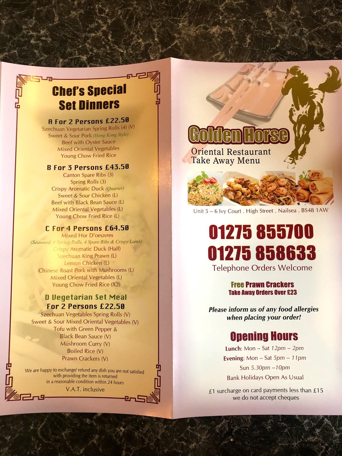 Menu at Golden Horse restaurant, Nailsea