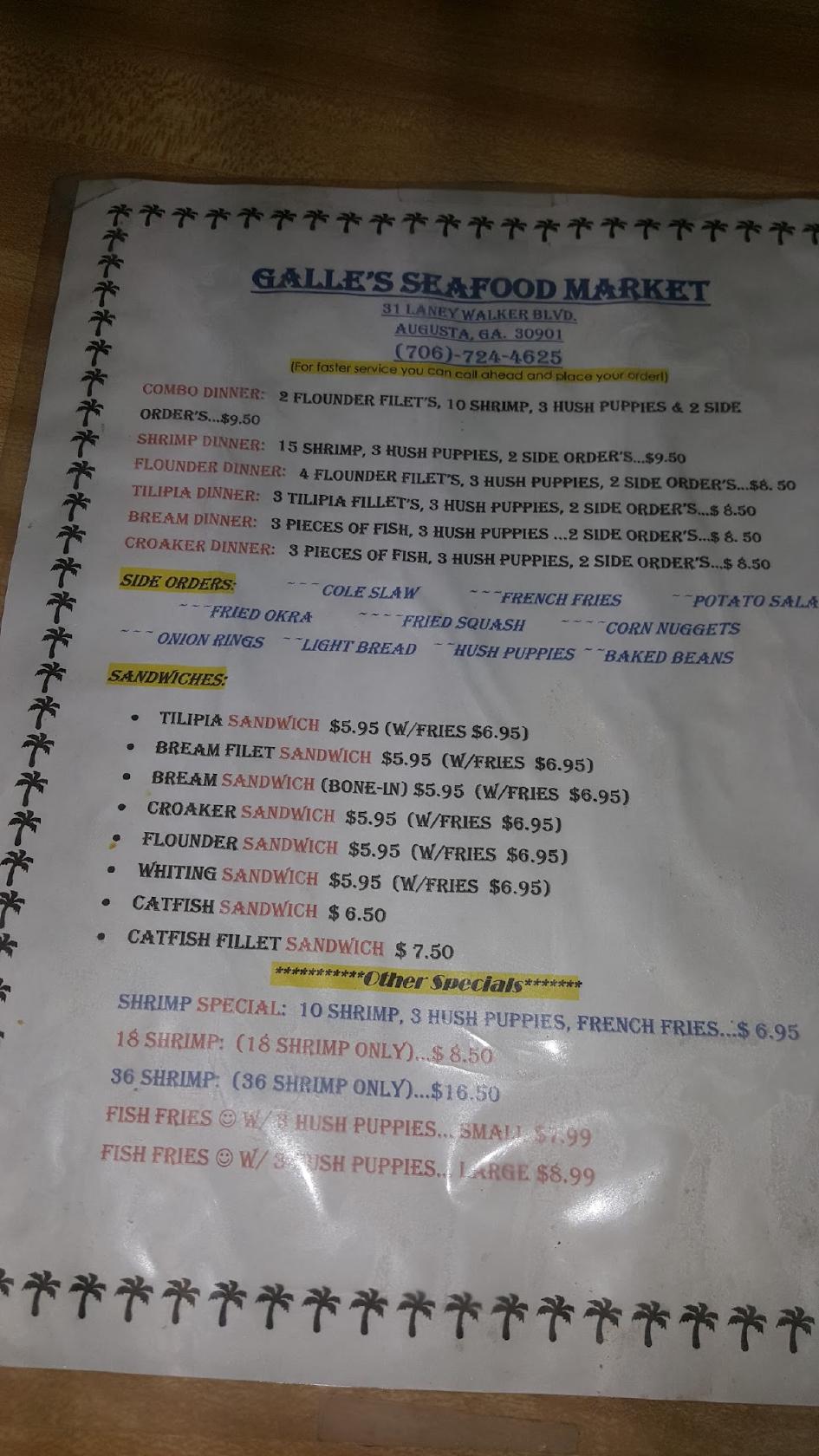 Menu at Galle's Seafood restaurant, Augusta