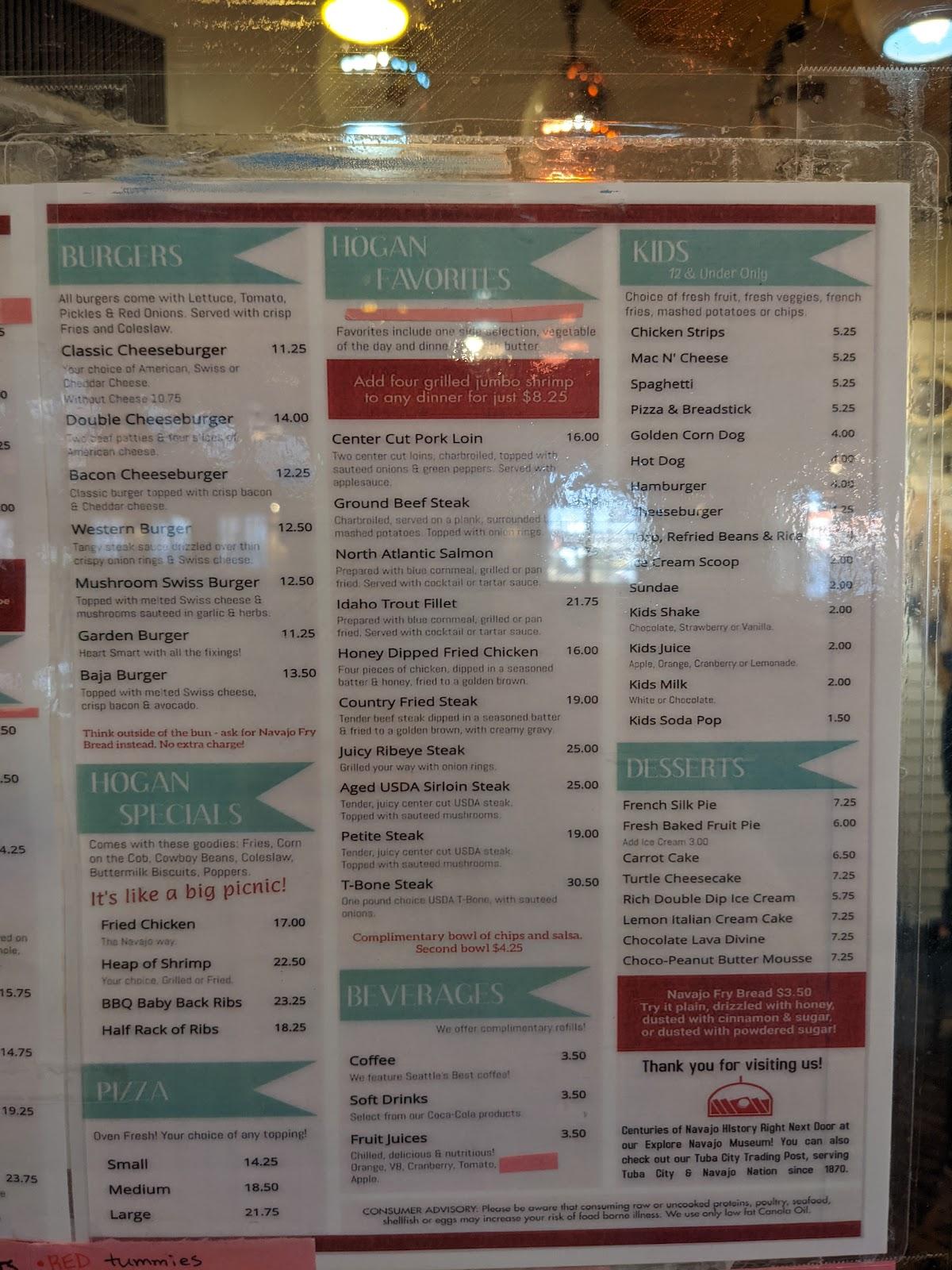 Menu at Hogan Restaurant, Tuba City