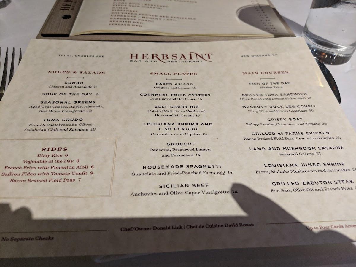 Menu at Herbsaint restaurant, New Orleans
