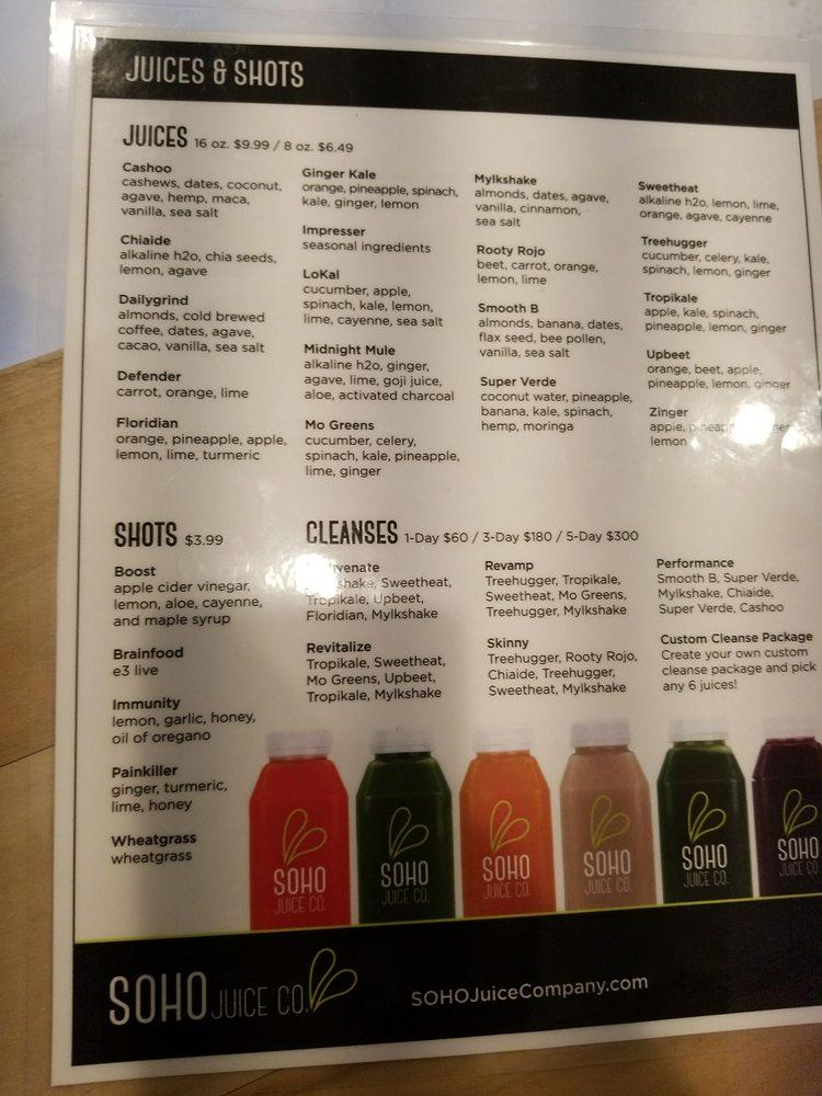 Menu at SOHO Juice Co. pub & bar, Winter Park