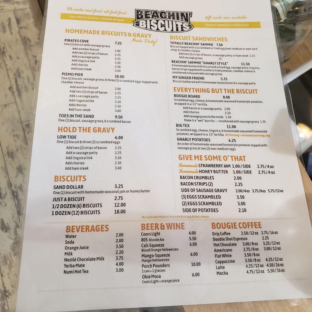 Menu at Beachin’ Biscuits restaurant, Pismo Beach