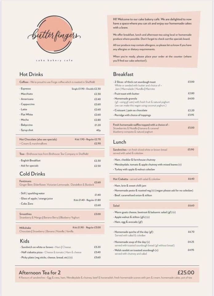Menu at Butter Fingers cafe, Matlock