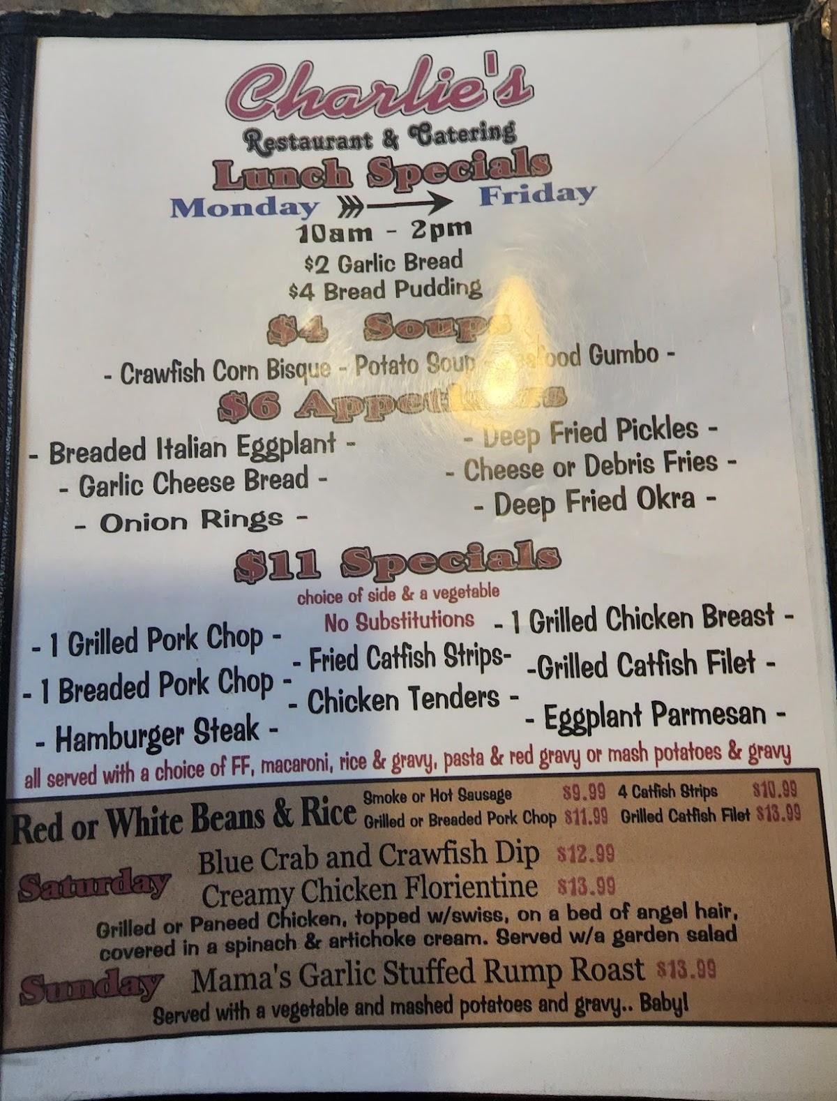 Menu at Charlie's RestaurantCatering, Violet