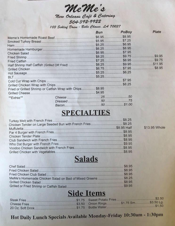 Menu at Meme's New Orleans Cafe, Belle Chasse