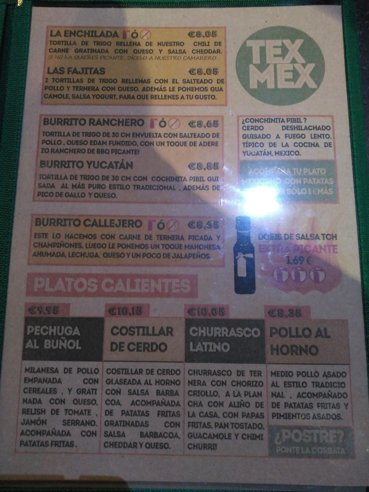 Menu at The Club House, León