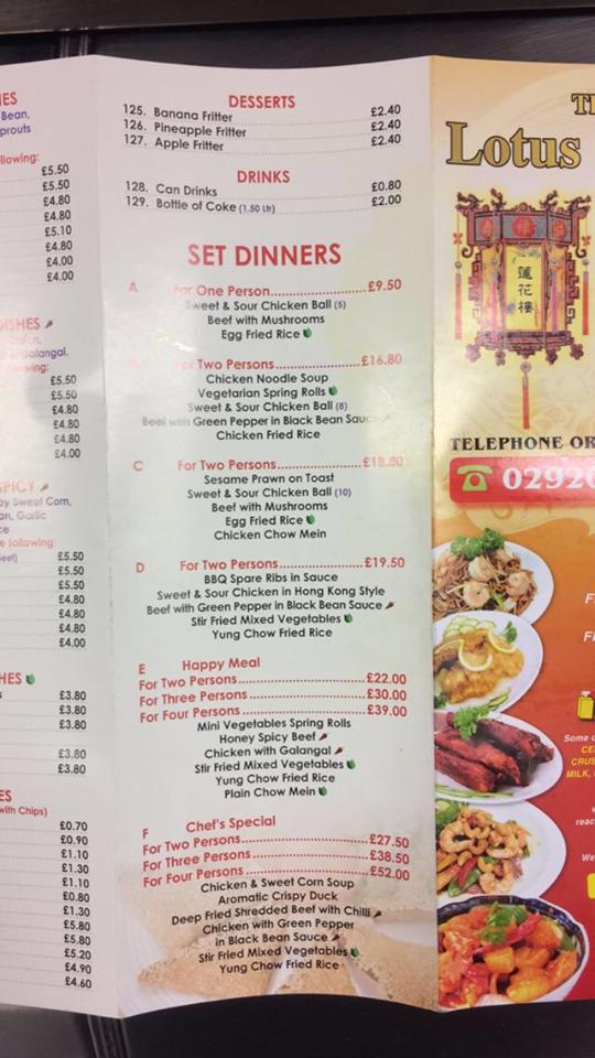 Menu at The Lotus House restaurant, Cardiff