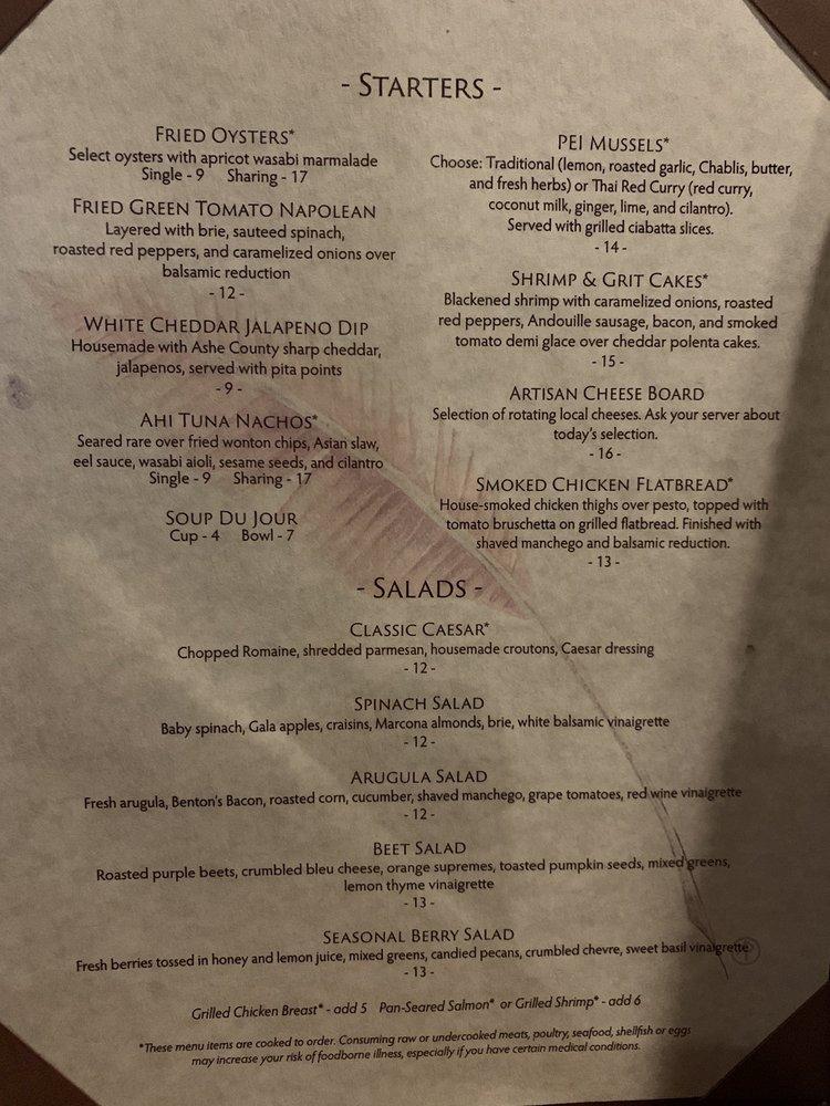 Menu at Timberlake's Restaurant and Headwaters Pub, Blowing Rock