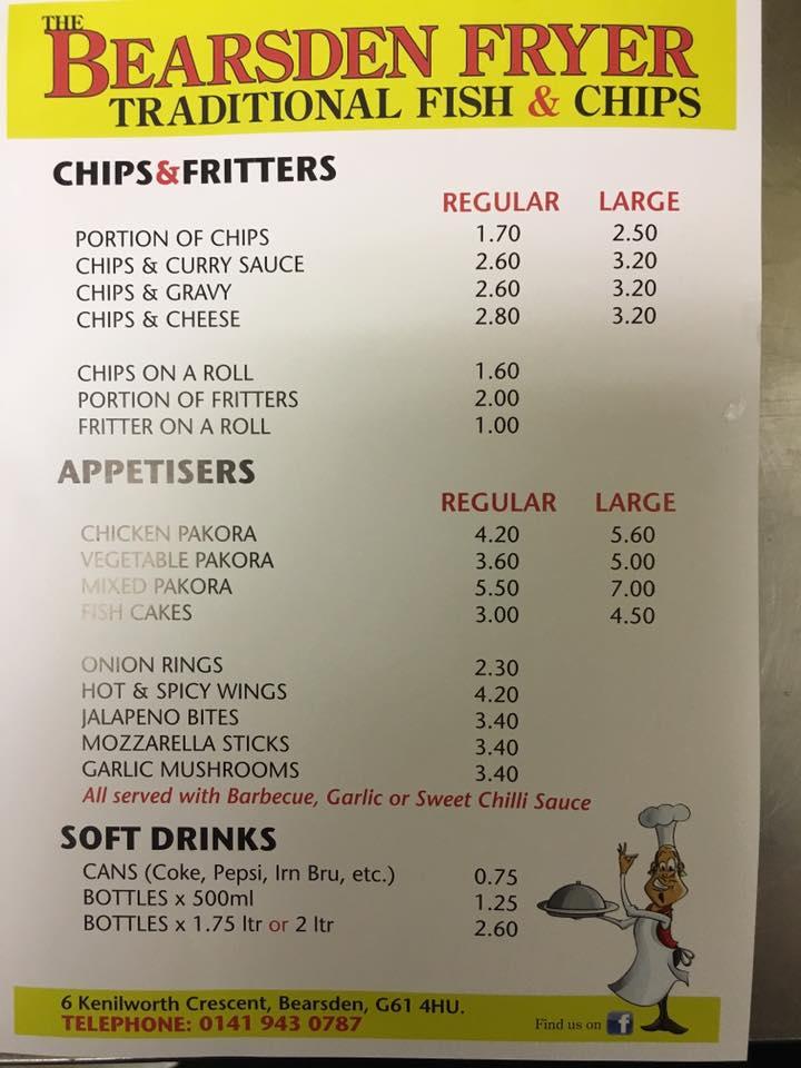 Menu at The Bearsden Fryer restaurant, Glasgow