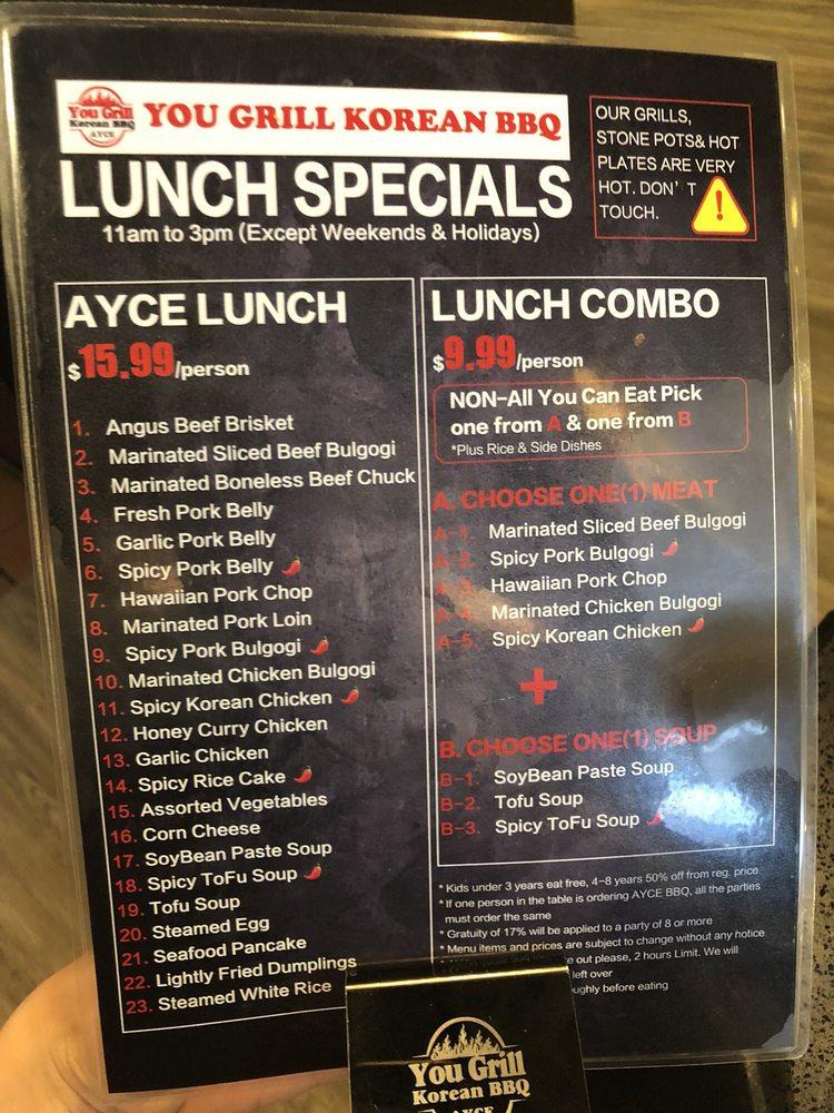 Menu at You Grill Korean BBQ, La Quinta, CA111 STE 102