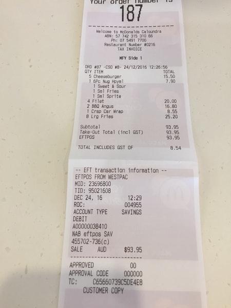 Menu at McDonald's fast food, Caloundra, 77 Bowman Rd