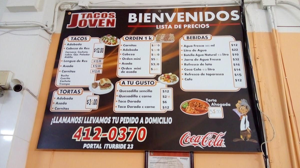 Carta del restaurante Tacos Joven, Ciudad Guzmán, Federico del toro