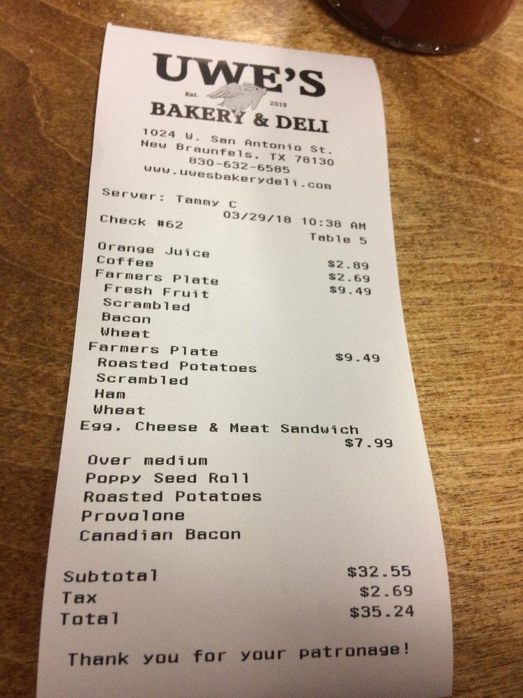 Menu at Uwe's Bakery & Deli, New Braunfels