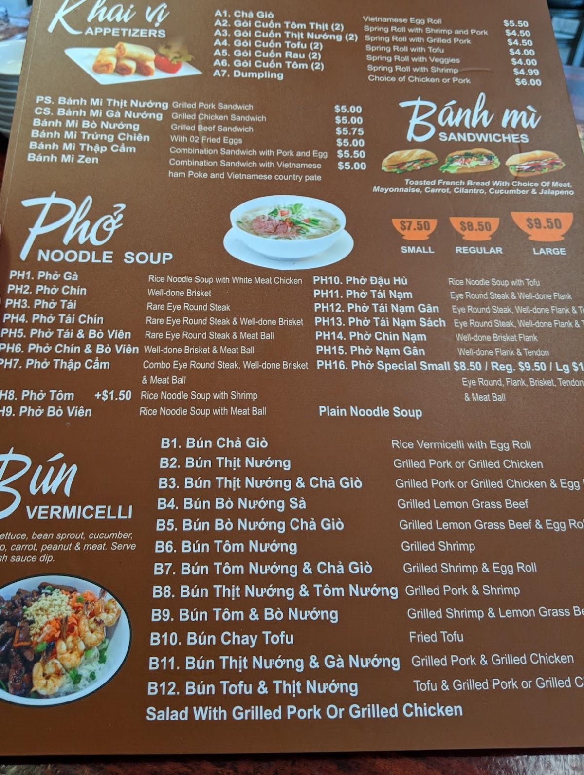 Menu at Vietnamese Noodle House restaurant, Tomball