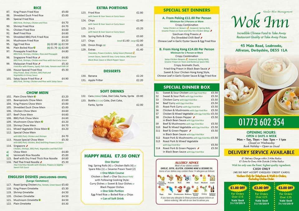 Menu at Wok Inn, Alfreton, 45 Main Road Leabrooks