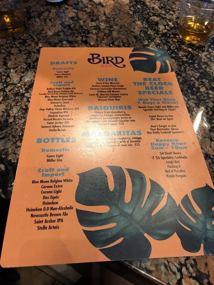 Menu at Bird Bar, Las Vegas