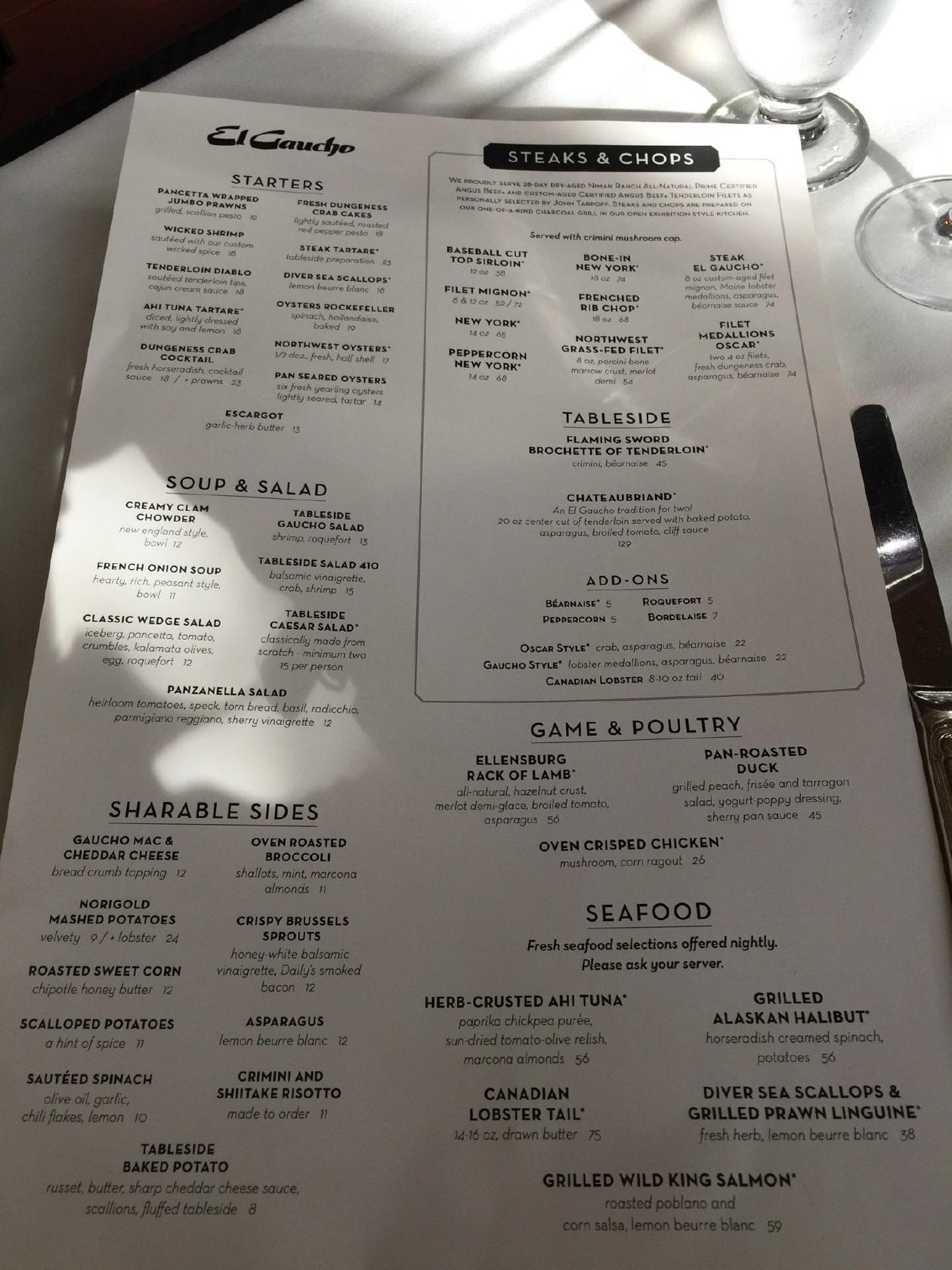 Menu at El Gaucho Bellevue pub & bar, Bellevue