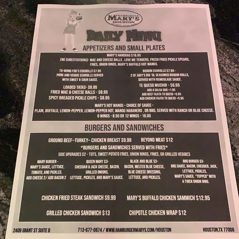 Menu at Hamburger Mary's pub & bar, Houston