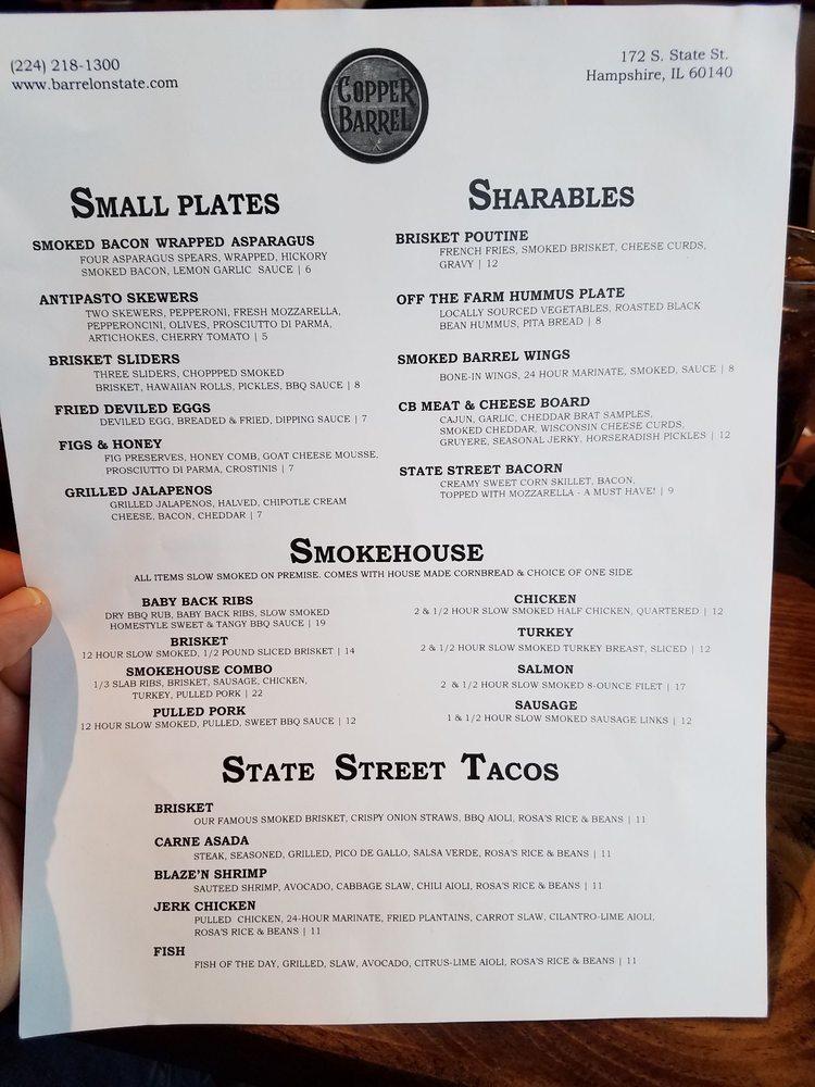 Menu at Copper Barrel on State, Hampshire