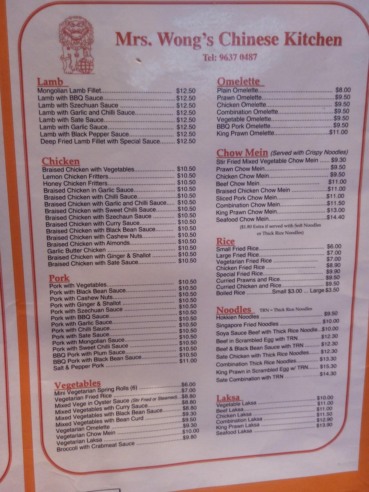 Menu at Mrs Wong's Chinese Kitchen fast food, Merrylands, McFarlane St